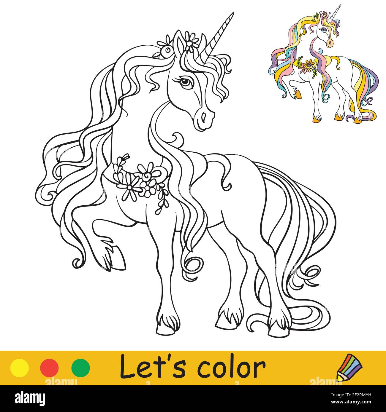 Cute elegant unicorn with flowers coloring book page with colorful template vector cartoon illustration isolated on white background for coloring b stock vector image art
