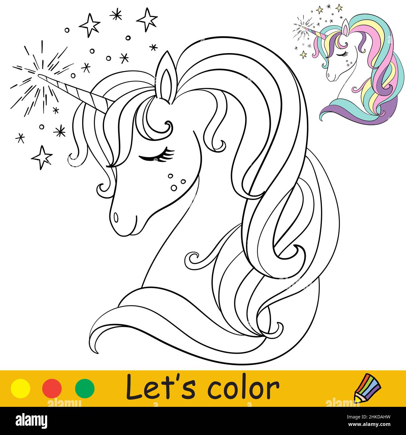 Cute dreaming unicorn head coloring book page with color template vector cartoon illustration for kids coloring card print design decor and puz stock vector image art