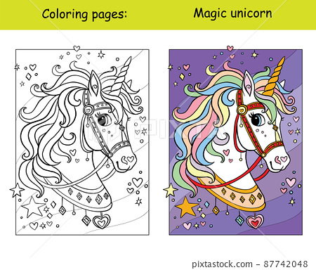 Coloring with template cute unicorn with