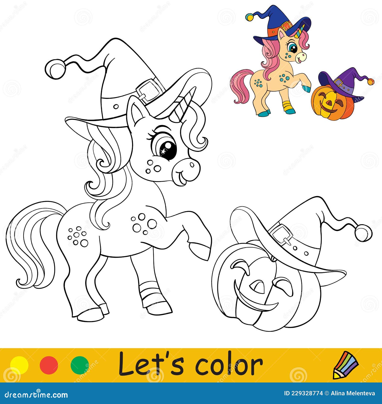 Cute unicorn witch coloring book page halloween stock vector