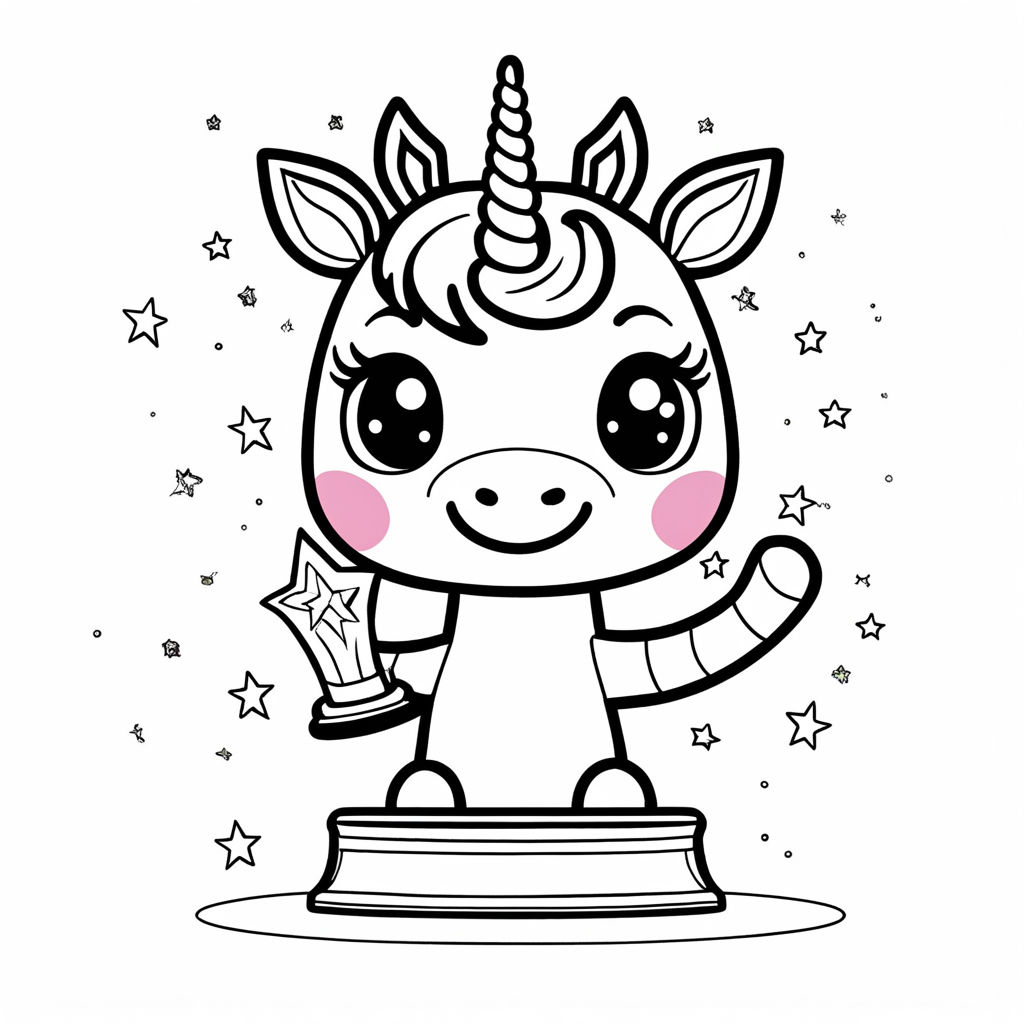 D outline simple vector monochrome coloring page depicting magic forest with unicorn on scene on white background signature text border frame logo name headline watermak gradient shading greyscale