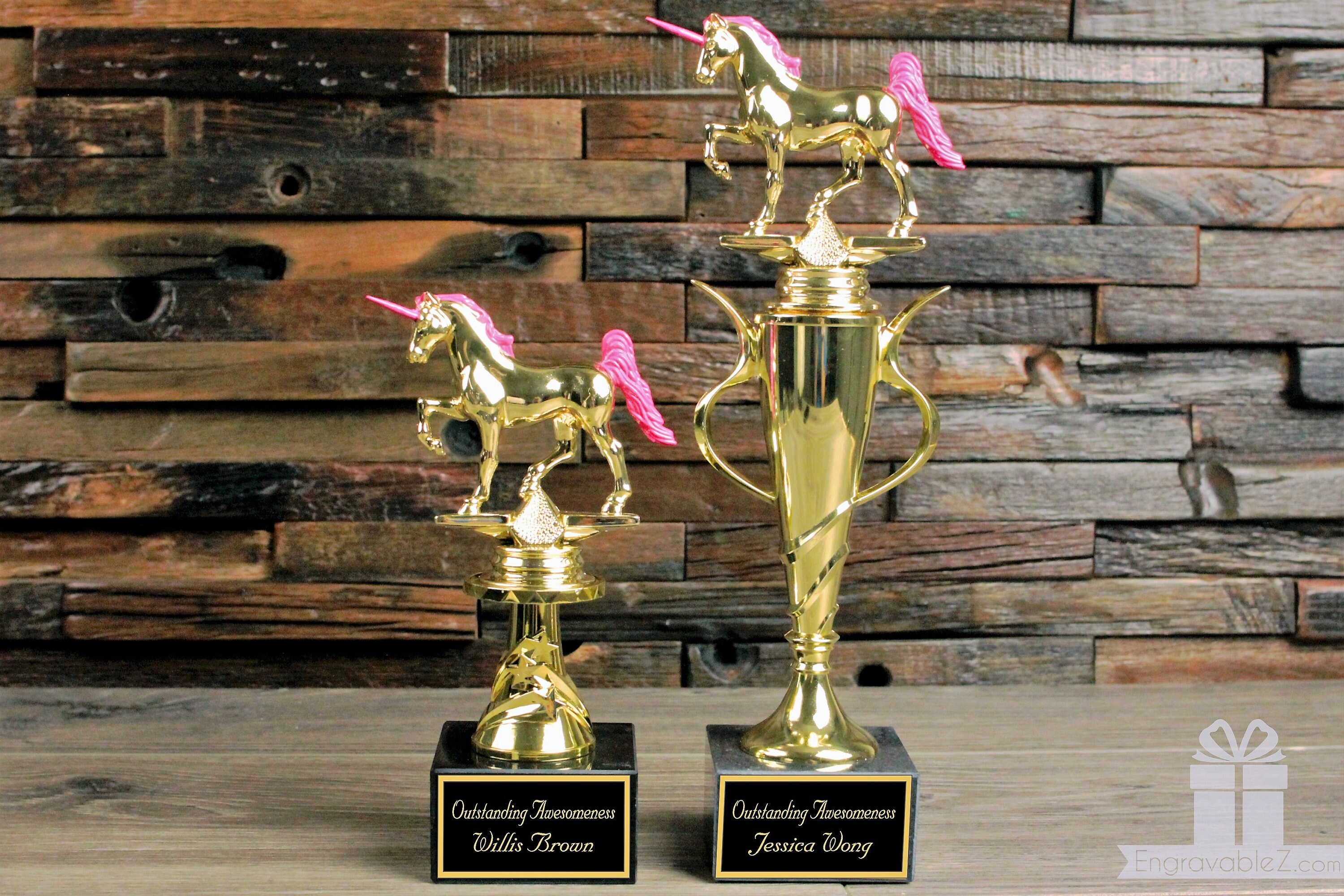 Pink unicorn trophy with custom engraving