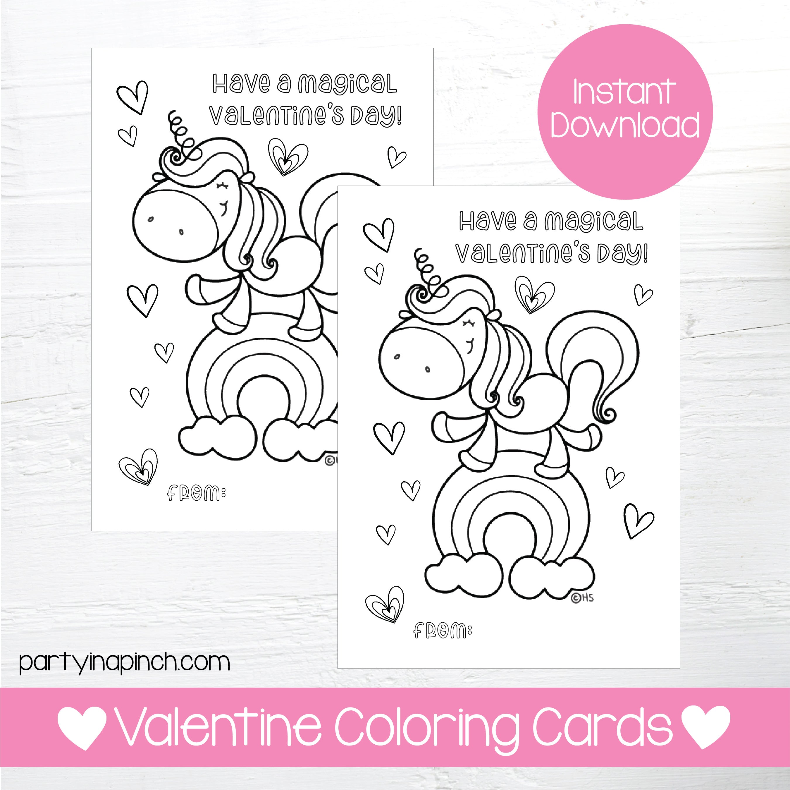 Unicorn valentines day coloring cards instant download â