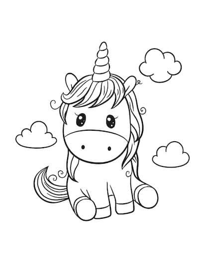 Unicorn and three clouds coloring page