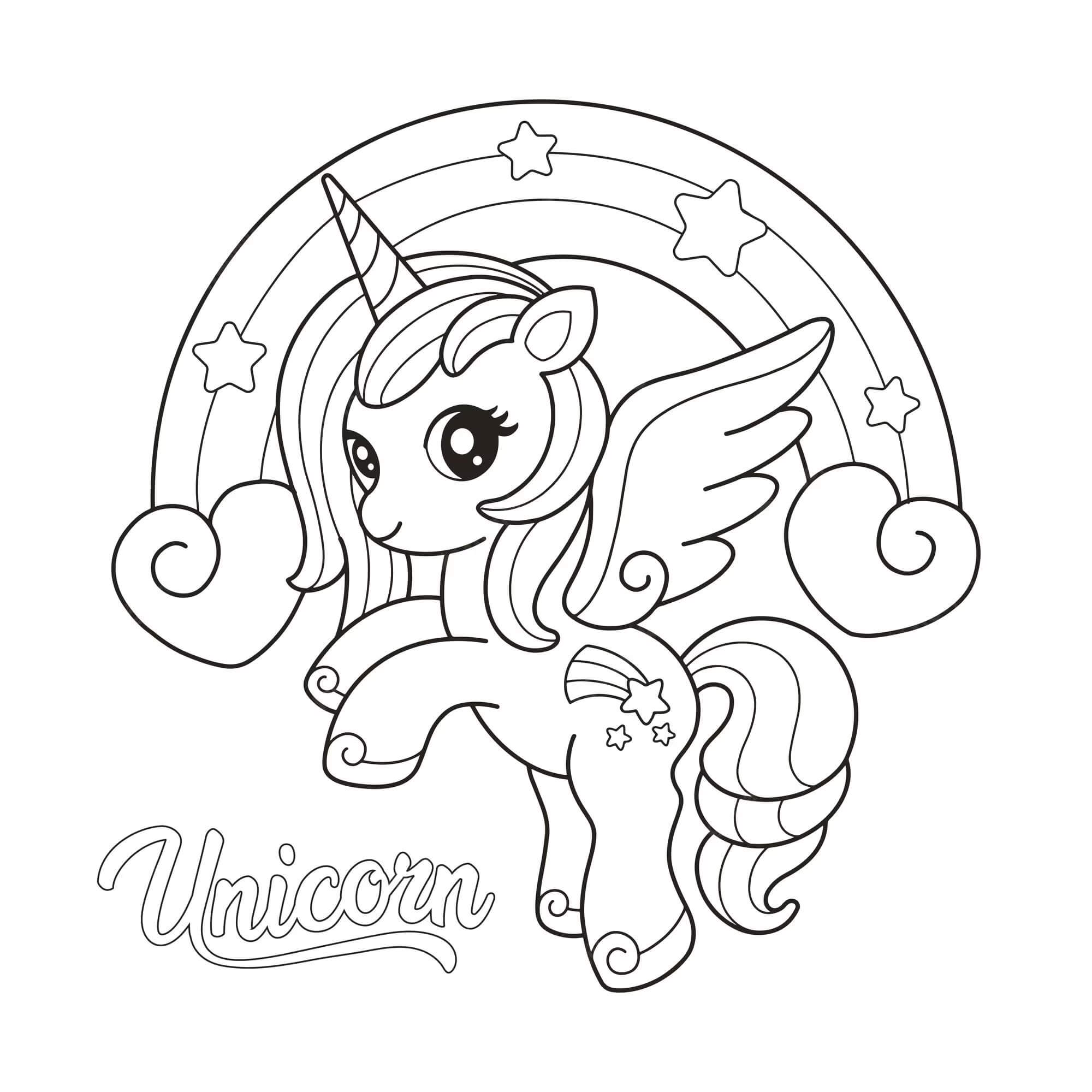 Smiling cartoon unicorn with rainbow coloring page