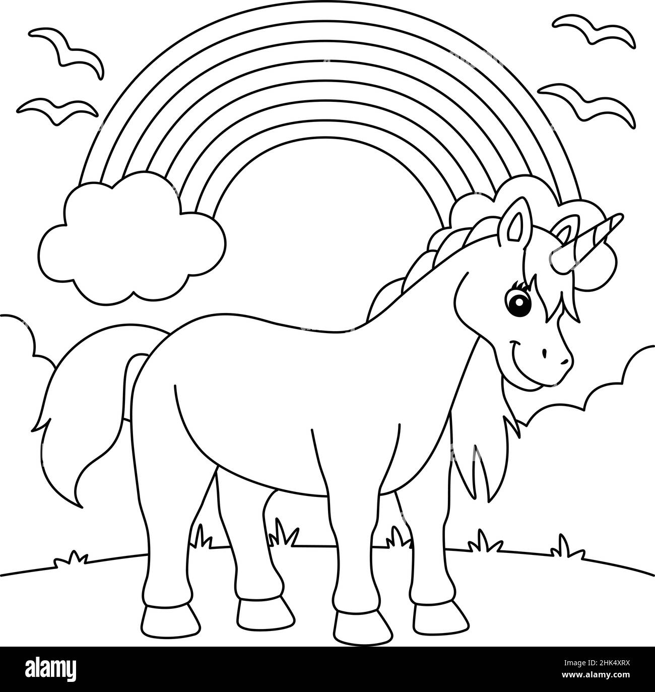 Unicorn standing under the rainbow coloring page stock vector image art