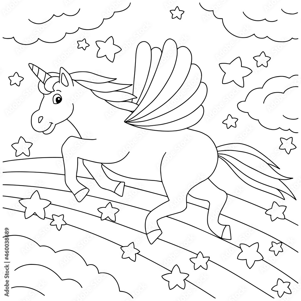 Cute unicorn with wings magic fairy horse coloring book page for kids cartoon style character vector illustration isolated on white background vector