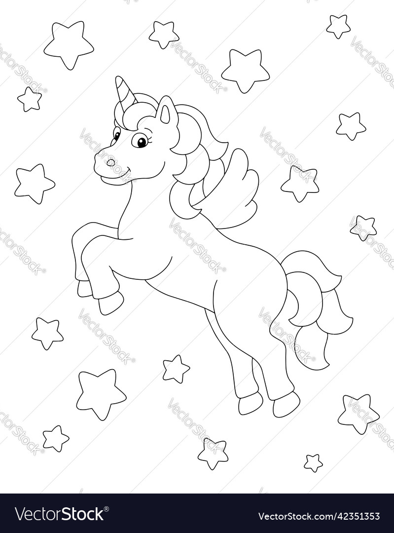 Beautiful unicorn with wings coloring book page vector image
