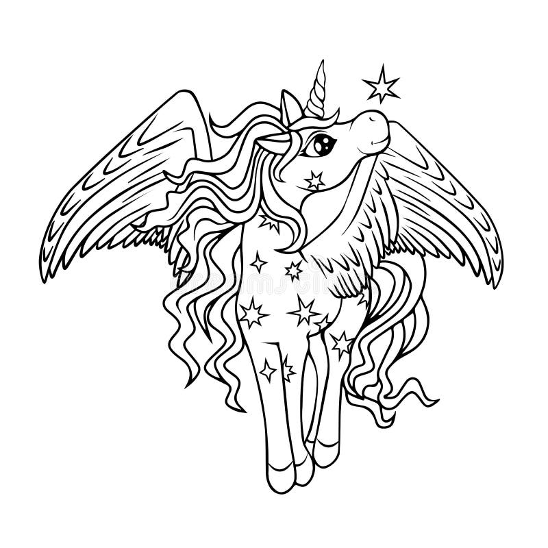 Cute magical winged unicorn with stars black outline coloring stock illustration