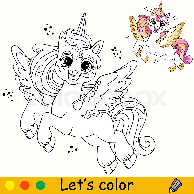 Cartoon unicorn with wings kids coloring book page vector stock vector