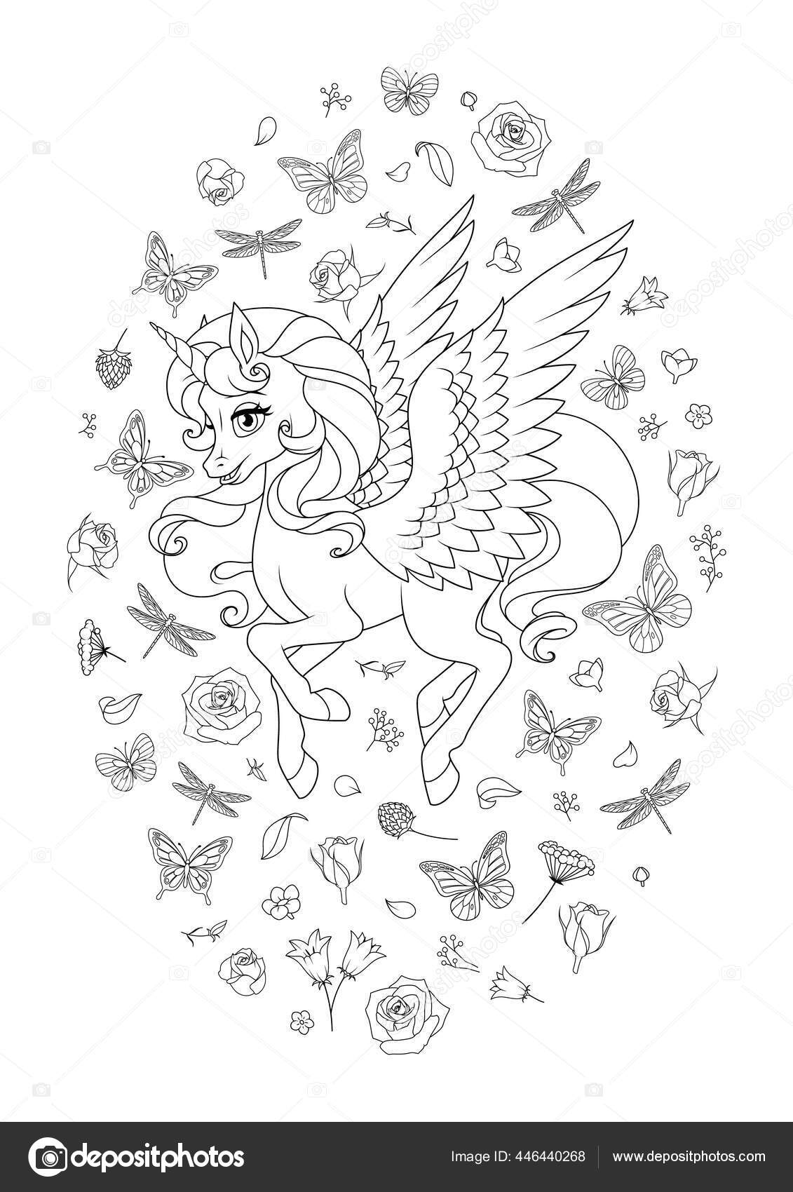 Cute flying pink unicorn with wings surrounded with flowers and butterflies vector coloring page stock vector by musillustrations