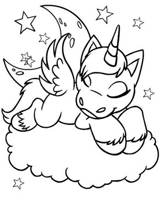 Unicorn sleeping in the cloud coloring page
