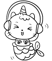 Dibujo de gato unicornio sirena con auriculares para colorear