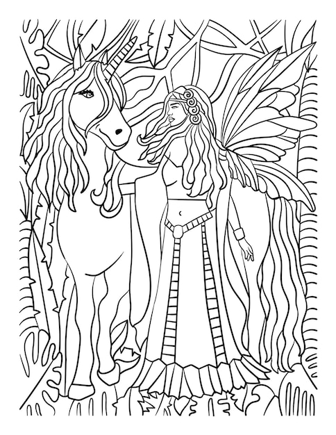 Premium vector unicorn walking with fairy coloring page for adult