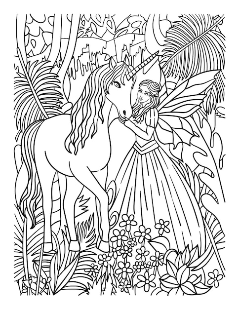 Premium vector fairy petting unicorn coloring page for adults