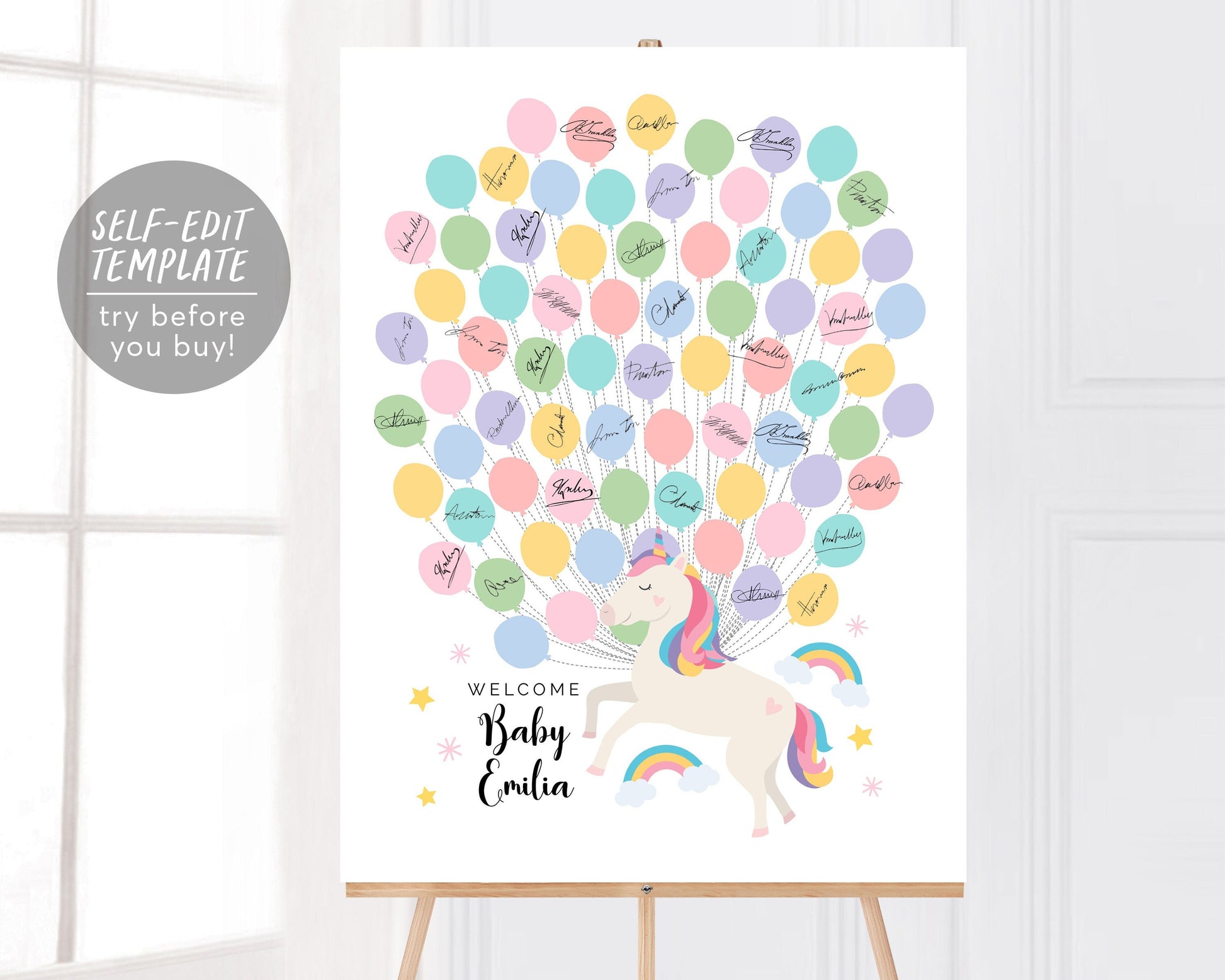 Editable unicorn balloon baby shower guest book alternative template â puff paper co