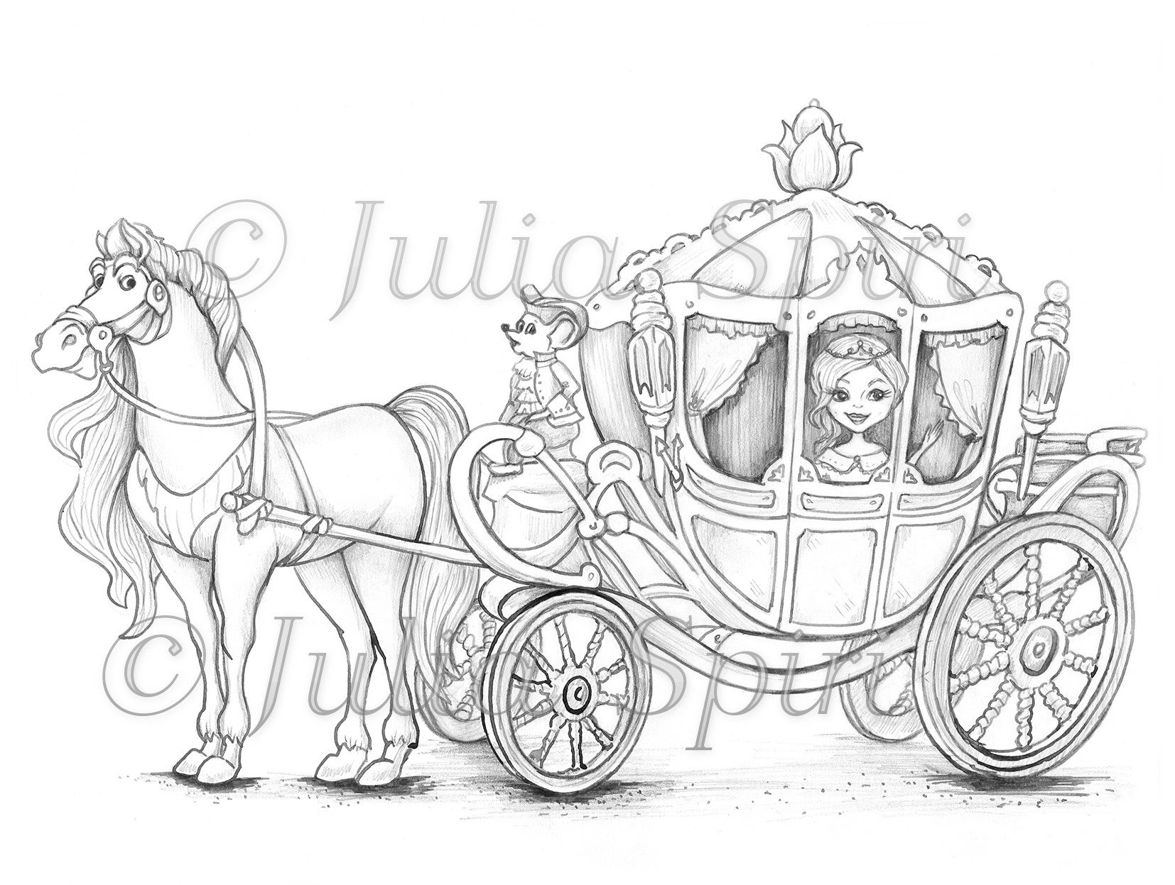 Coloring page digital stamp digi whimsy line art princess horse magic carriage instant download