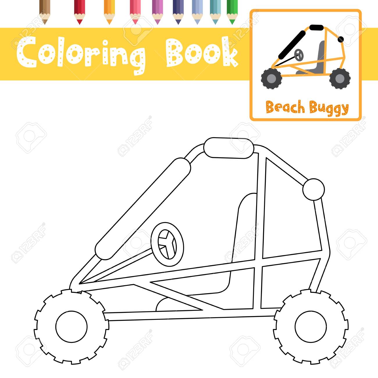 Coloring page of cute beach buggy cartoon character side view transportations for preschool kids activity educational worksheet vector illustration royalty free svg cliparts vectors and stock illustration image