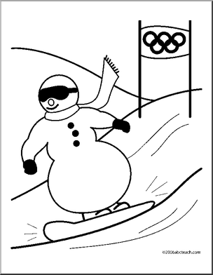 Coloring page cartoon snowman snowboarding