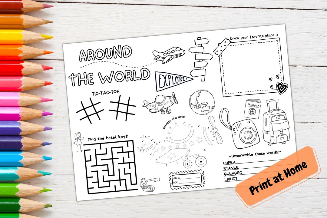 Travel activity sheet printable coloring page kids activity placemat kids activity sheet plane activity coloring page