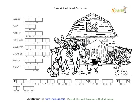 Farm animal word double scramble activity page for kids