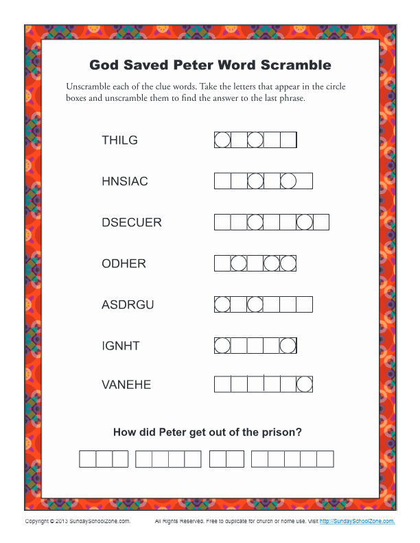 Word scramble puzzles bible lesson activities for children