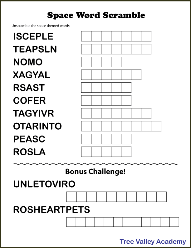 Space themed and planets word scramble puzzles