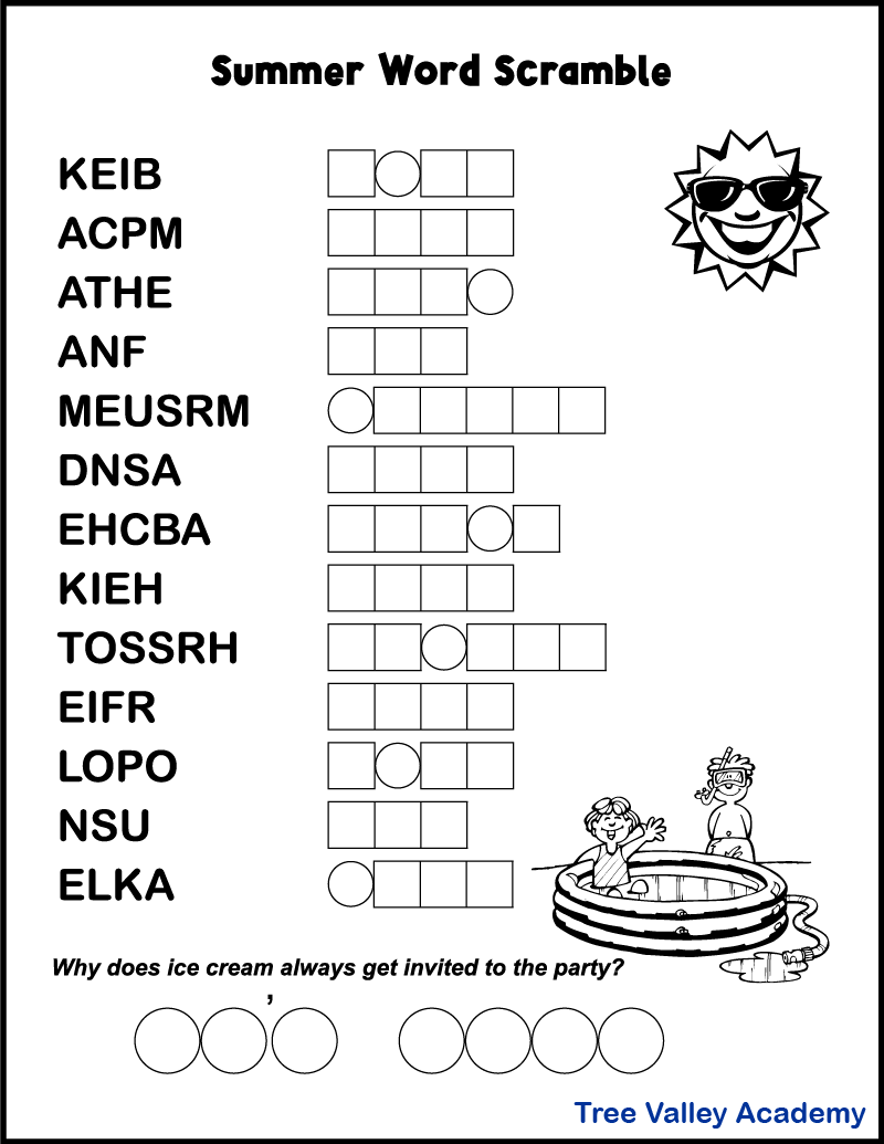 Printable summer word scrambles for kids