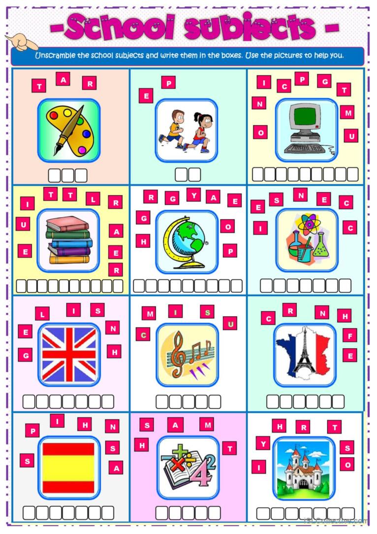 School subjects unscramble crosswâ glish esl worksheets pdf doc