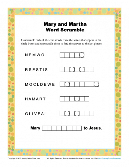 Word scramble puzzles bible lesson activities for children