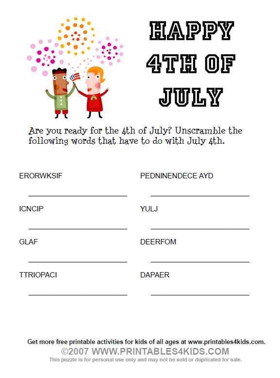 Th of july word scramble â printables for kids â free word search puzzles coloring pages and other activities