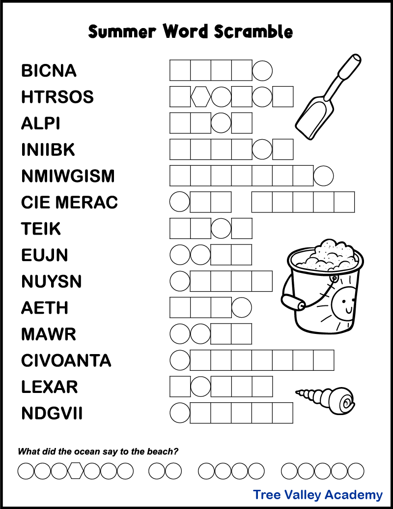 Printable summer word scrambles for kids