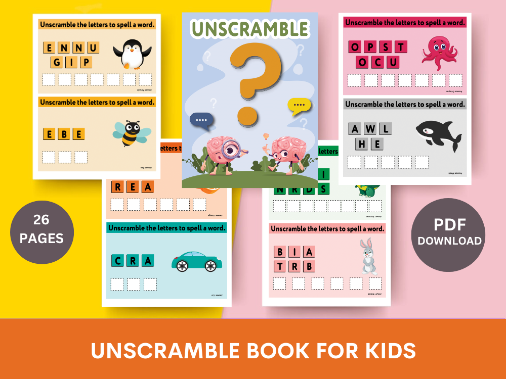 Unscramble printable work book for kids