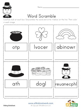 St patricks day word scramble worksheet all kids network