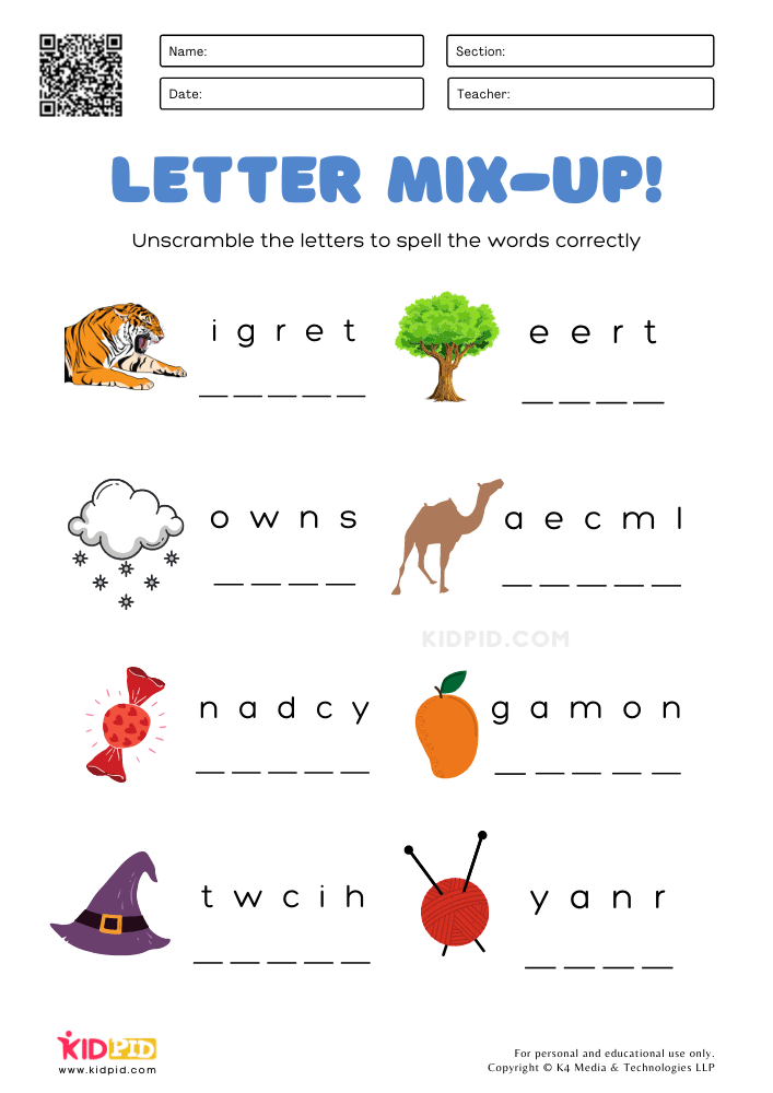 Unscramble the letters worksheets for kids