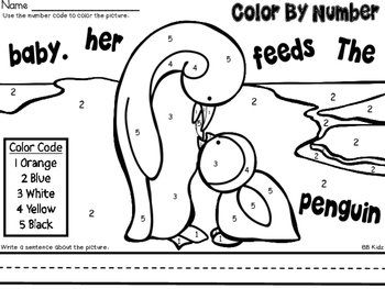 Color by number polar animals winter theme color and unscramble the sentence