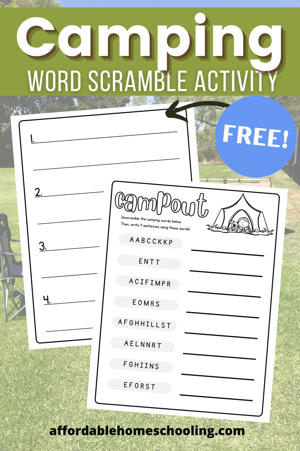 Free printable camping word scramble activity pages