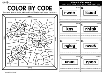Christmas color by sight word st grade words unscramble the word worksheets