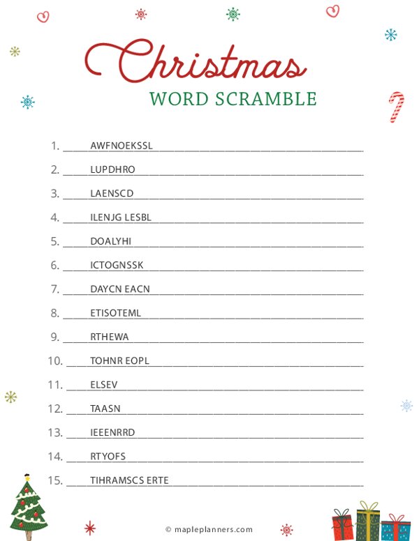 Christmas word scramble puzzles fun activities for kids