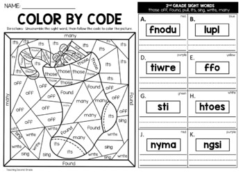 Christmas color by sight word nd grade words unscramble the word worksheets