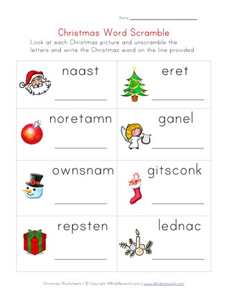 Christmas word scramble worksheet for kids all kids network
