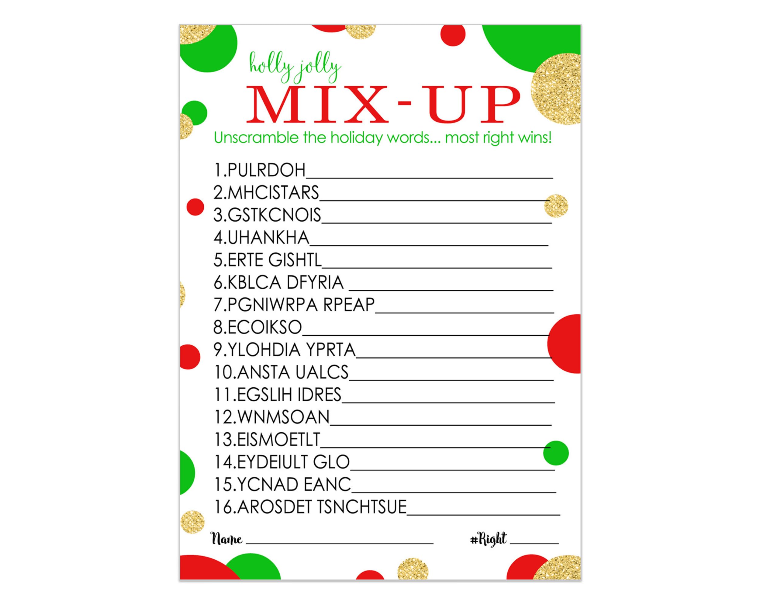 Christmas word scramble game holiday unscramble party activity for adults groups office gold red and green pack x cards home kitchen