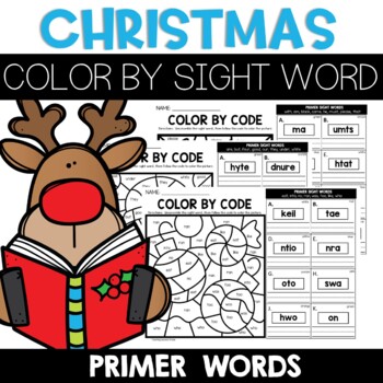 Christmas color by sight word unscramble the word worksheets primer