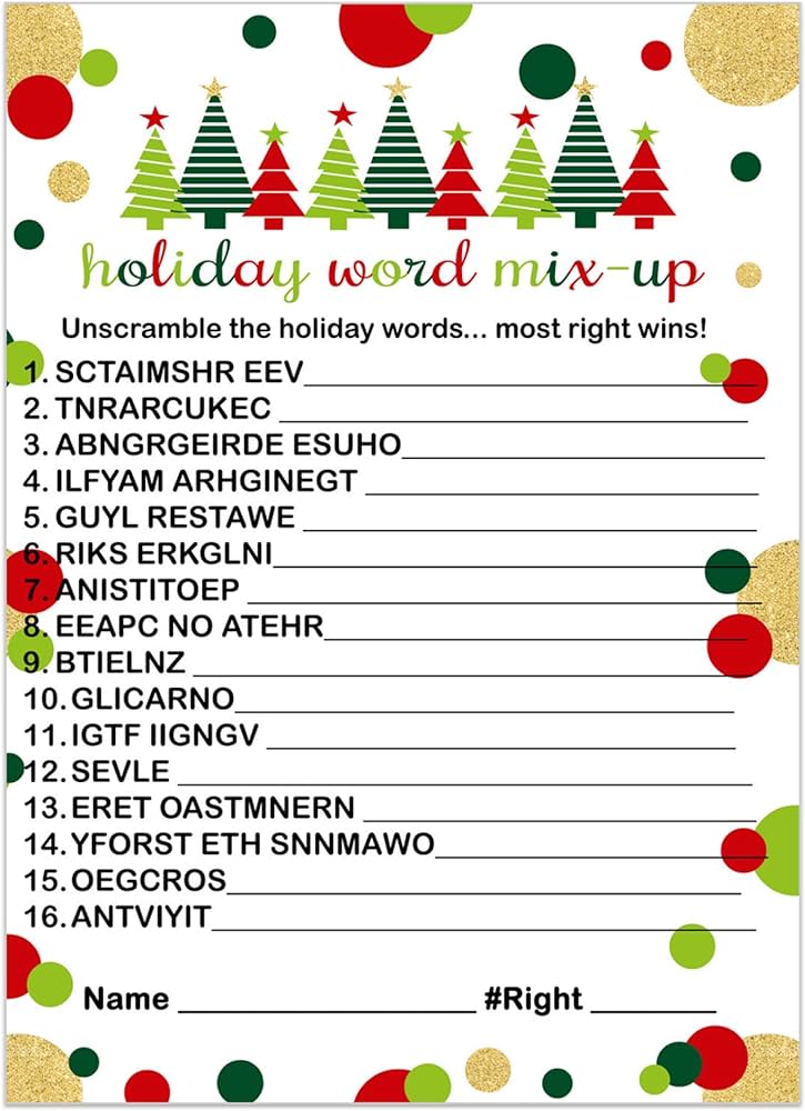 Jolly trees christmas word scramble game cards pack unscramble activity for adults kids groups coworkers family