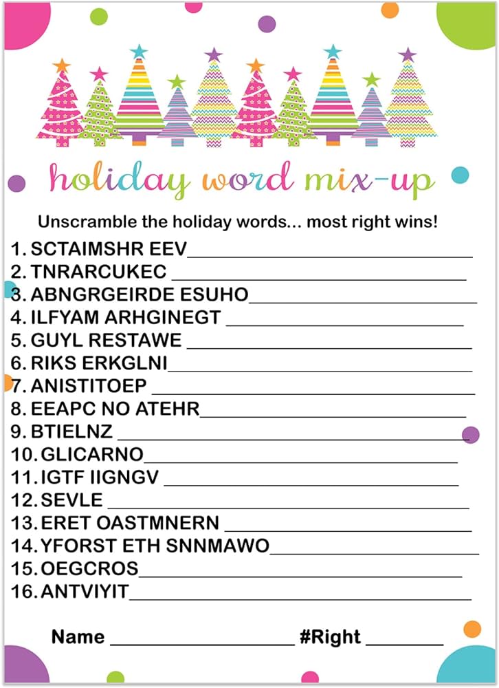 Colorful trees christmas word scramble game cards pack of unscramble activity for adults kids groups and coworkers â jolly holiday event supply x printed set paper clever party buy online at