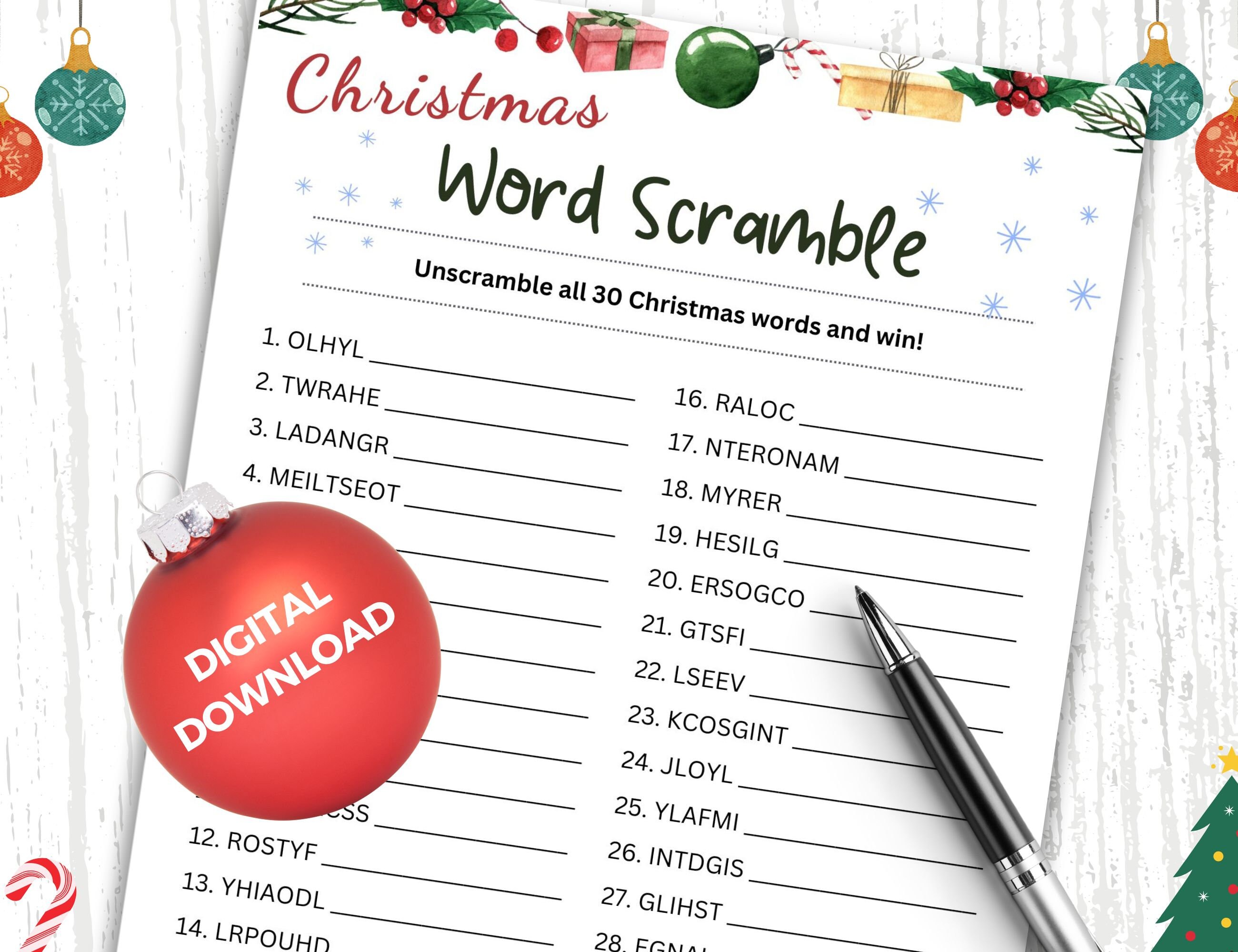 Unscramble christmas words game holiday word scramble printable family game office party kids adults digital file instant download pdf download now