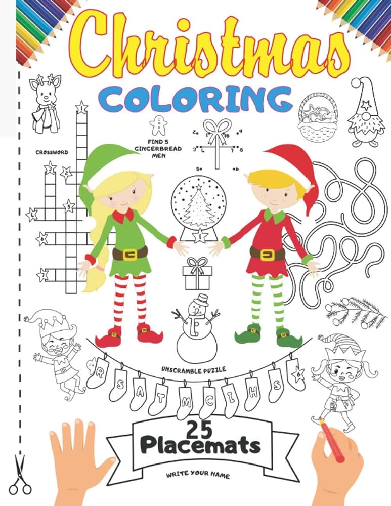 Christmas coloring placemats xmas coloring book placemats for kids this christmas elves coloring activity book includes wordsearch unscramble large games in print size book gift kidd mat books