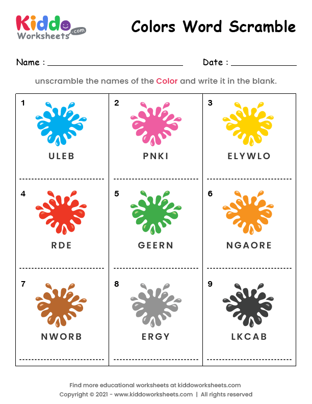 Free printable word scramble colors worksheet