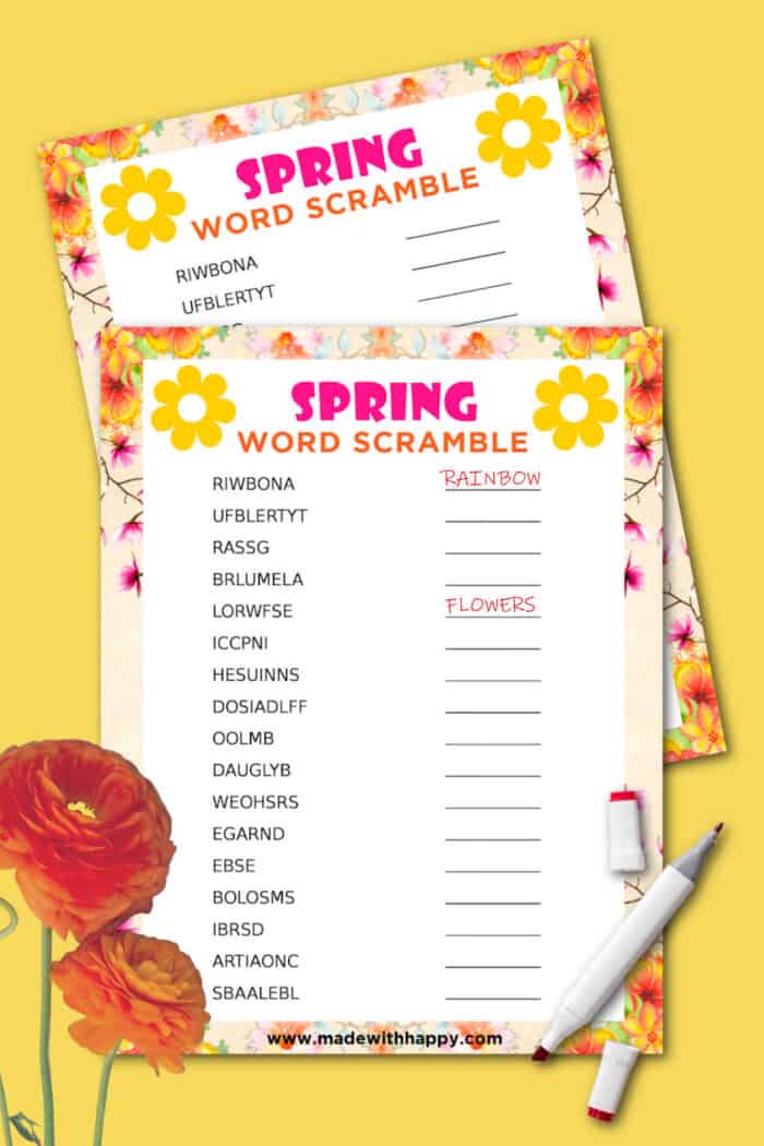 Free printable spring word scramble