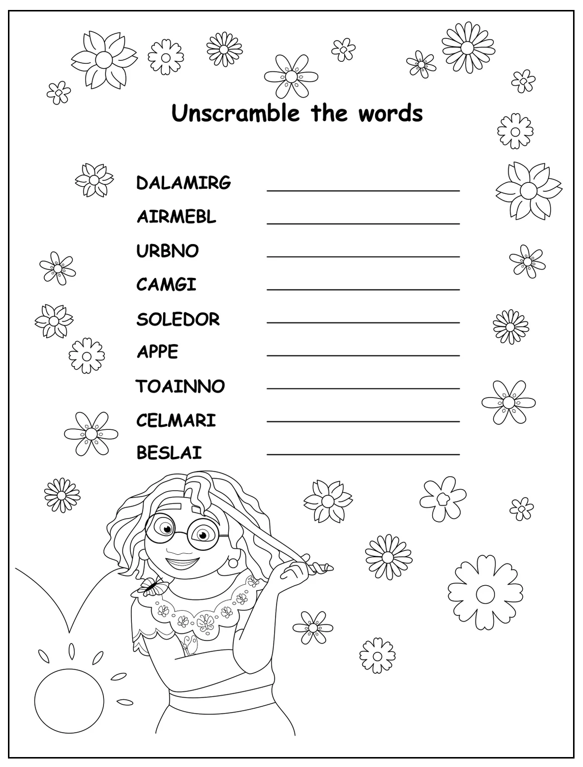Unscramble the words with mirabel coloring page